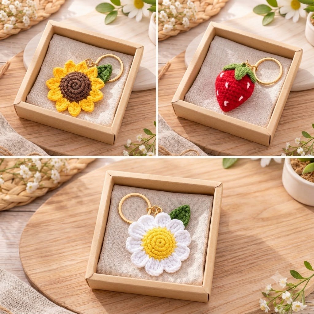 Handmade Crochet Keychain Set | Sunflower, Strawberry & White Daisy Charm Keychain - Image 2