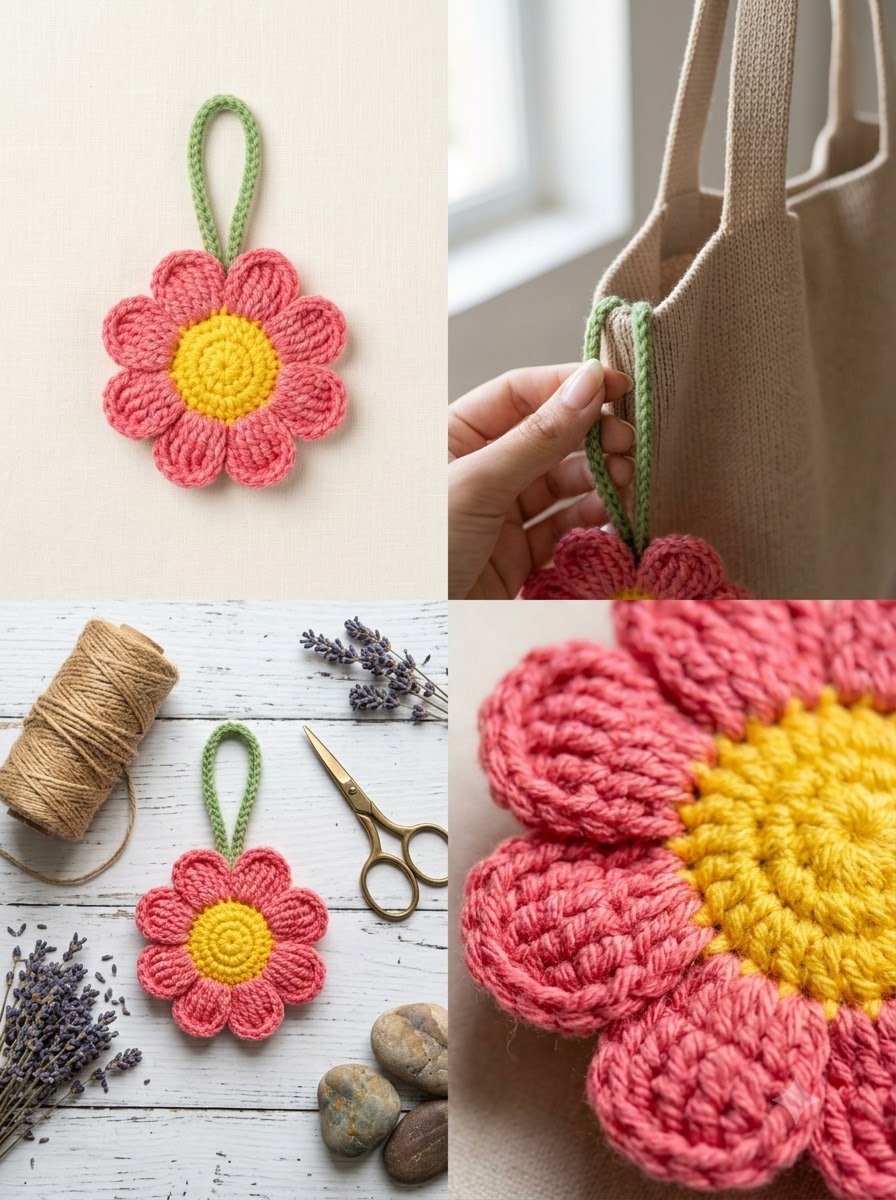 Handmade Crochet Floral Granny Square Shoulder Bag with Red Flower Charm - Image 5