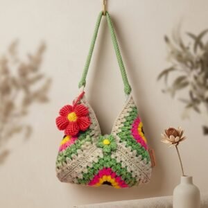 Handmade Crochet Floral Granny Square Shoulder Bag with Red Flower Charm