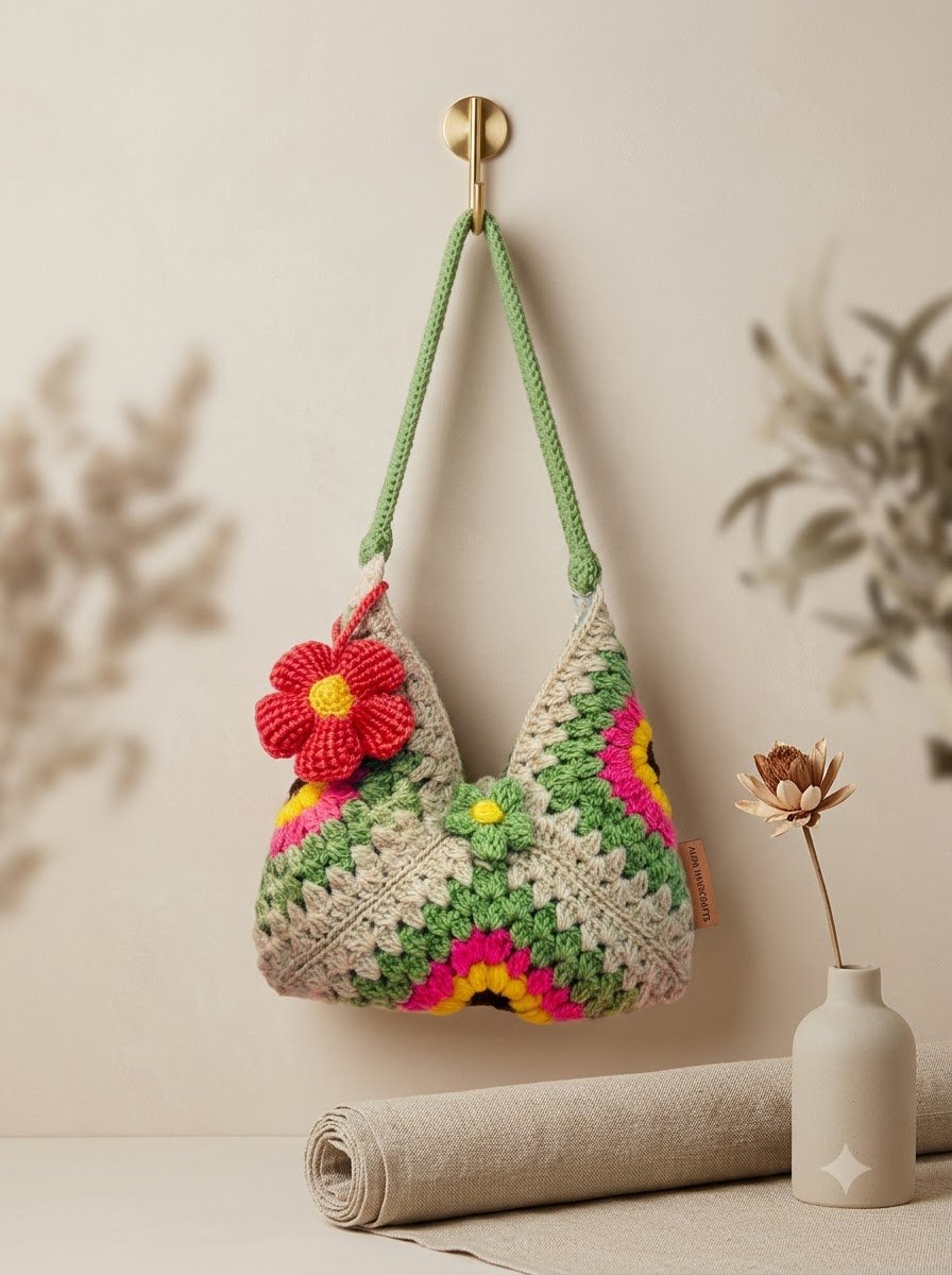 Handmade Crochet Floral Granny Square Shoulder Bag with Red Flower Charm