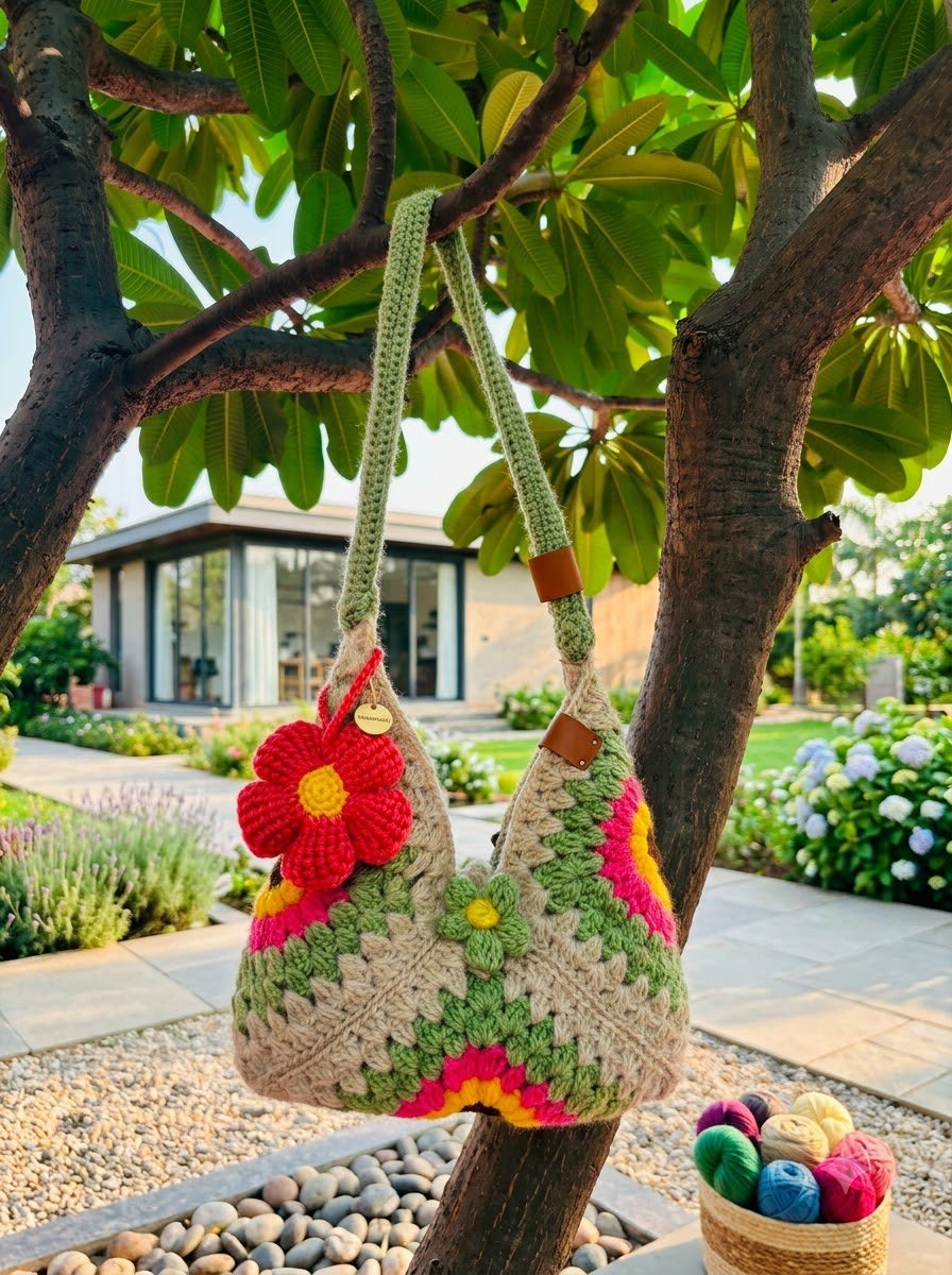 Handmade Crochet Floral Granny Square Shoulder Bag with Red Flower Charm - Image 2