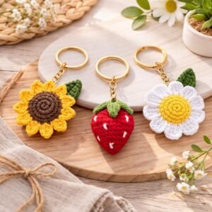 Handmade Crochet Keychain Set | Sunflower, Strawberry & White Daisy Charm Keychain