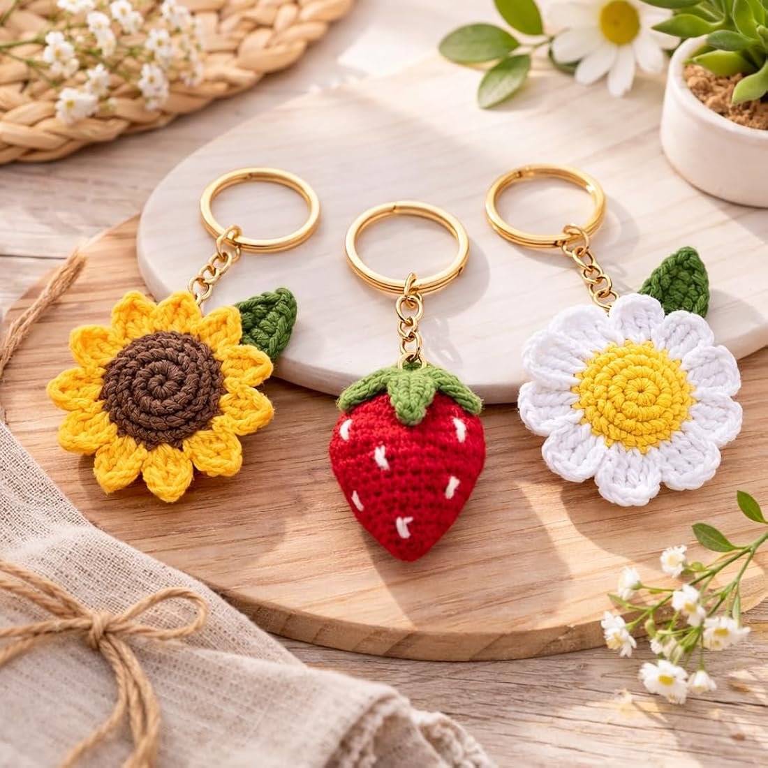 Handmade Crochet Keychain Set | Sunflower, Strawberry & White Daisy Charm Keychain