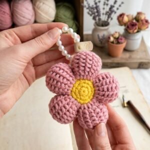 Handmade Crochet Flower Keychain with Pearl Beaded Strap | Aesthetic Bag Charm & Keychain